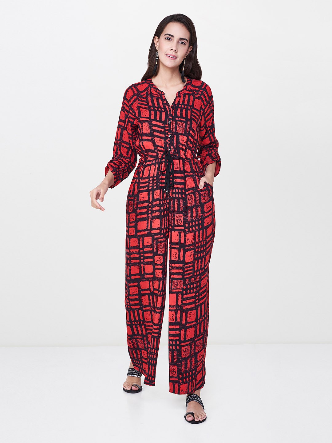 

Global Desi Red & Black Printed Basic Jumpsuit