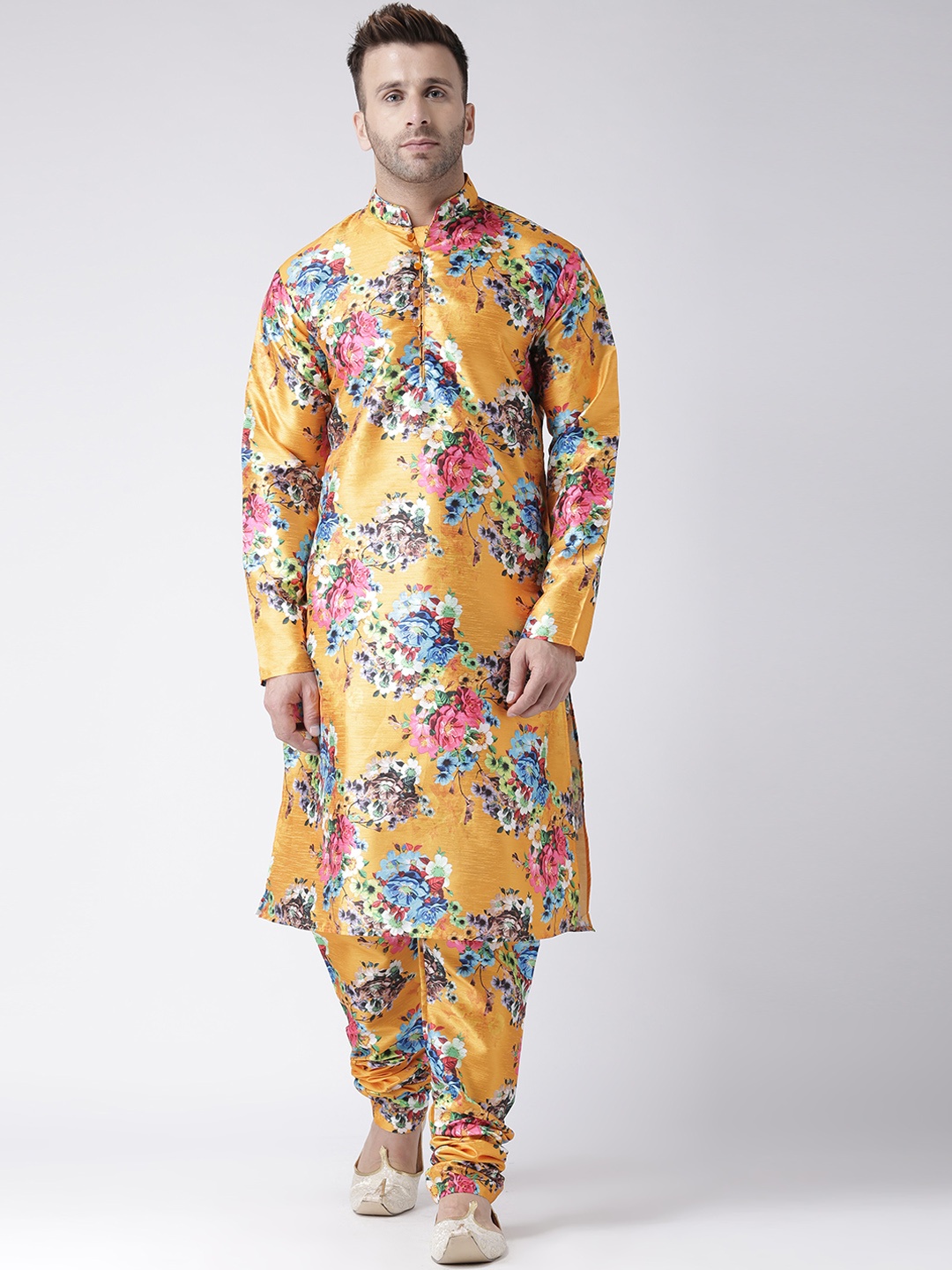 

Hangup Men Mustard Printed Kurta with Churidar