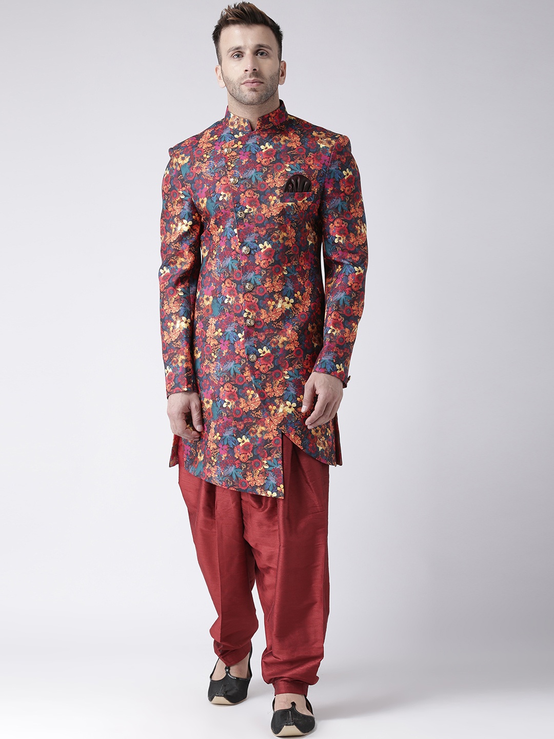 

Hangup Men Multi Colored Printed Sherwani With Maroon Solid Dhoti Pants