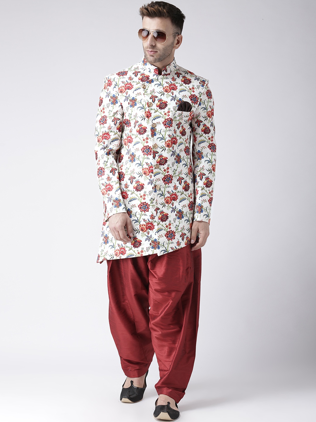 

Hangup Men Multi Colored Printed Sherwani With Maroon Solid Dhoti Pants