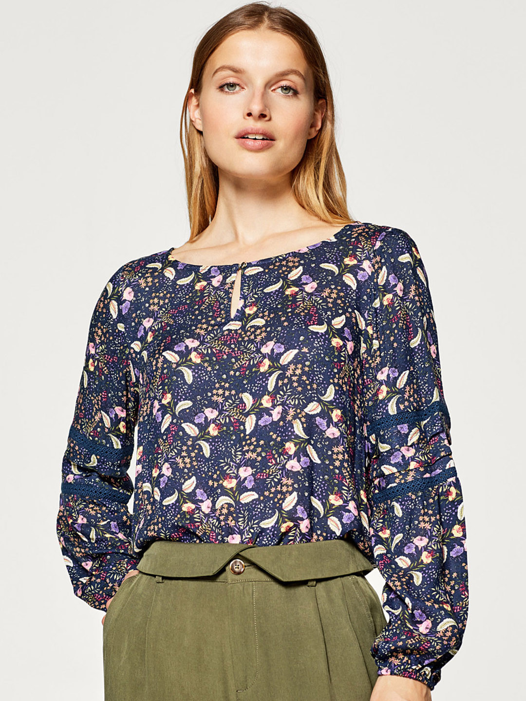 

ESPRIT Women Navy Blue & Beige Printed Top