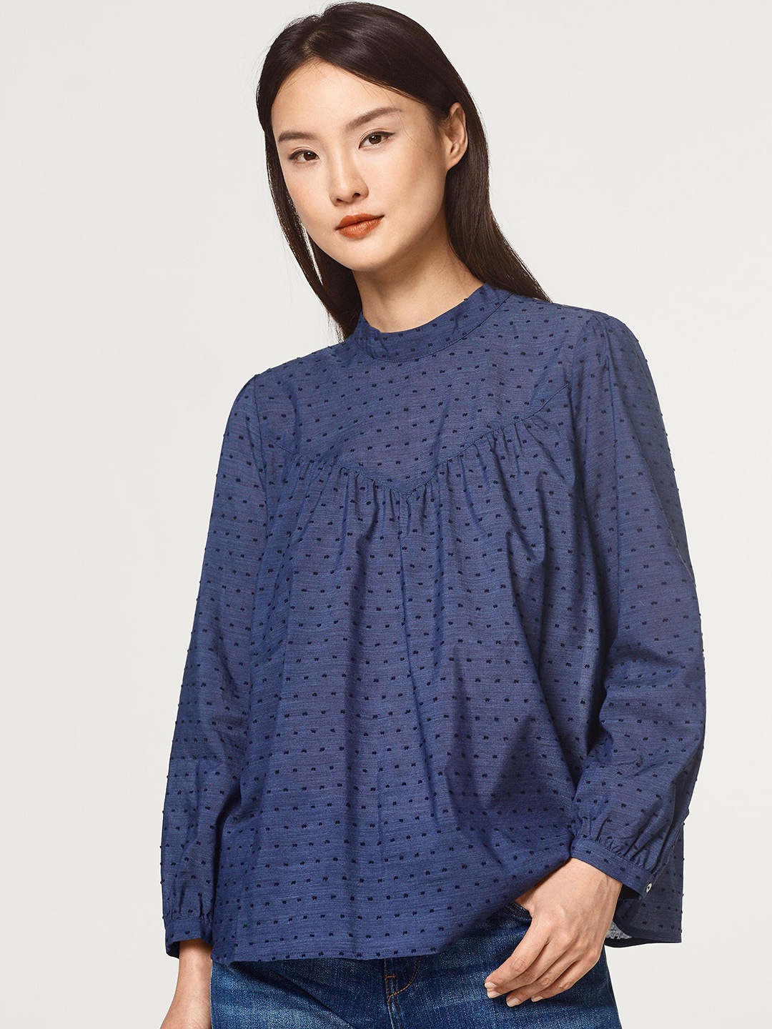 

ESPRIT Women Navy Blue Self Design A-Line Pure Cotton Top