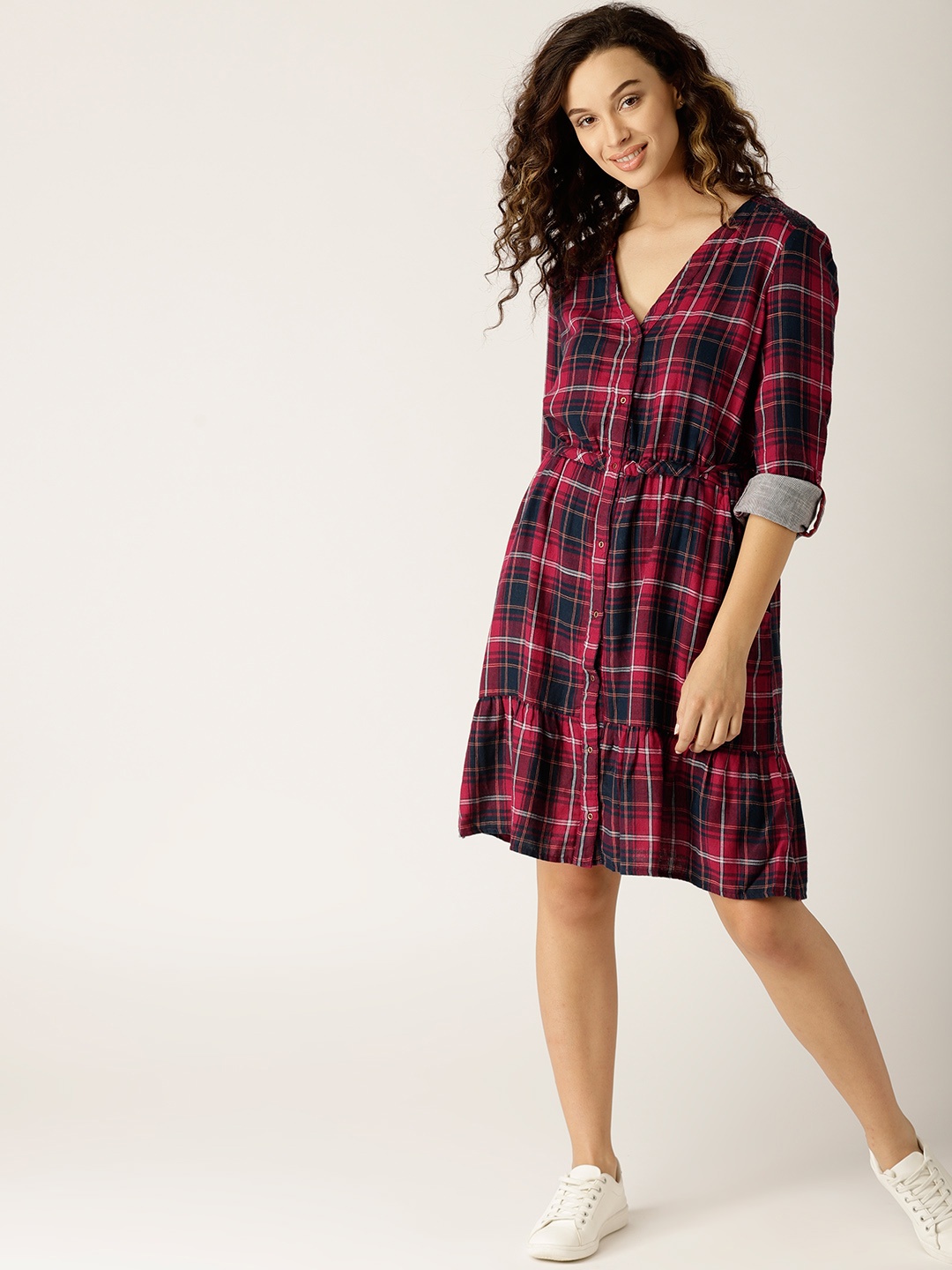 

ESPRIT Women Red & Navy Blue Checked A-Line Dress