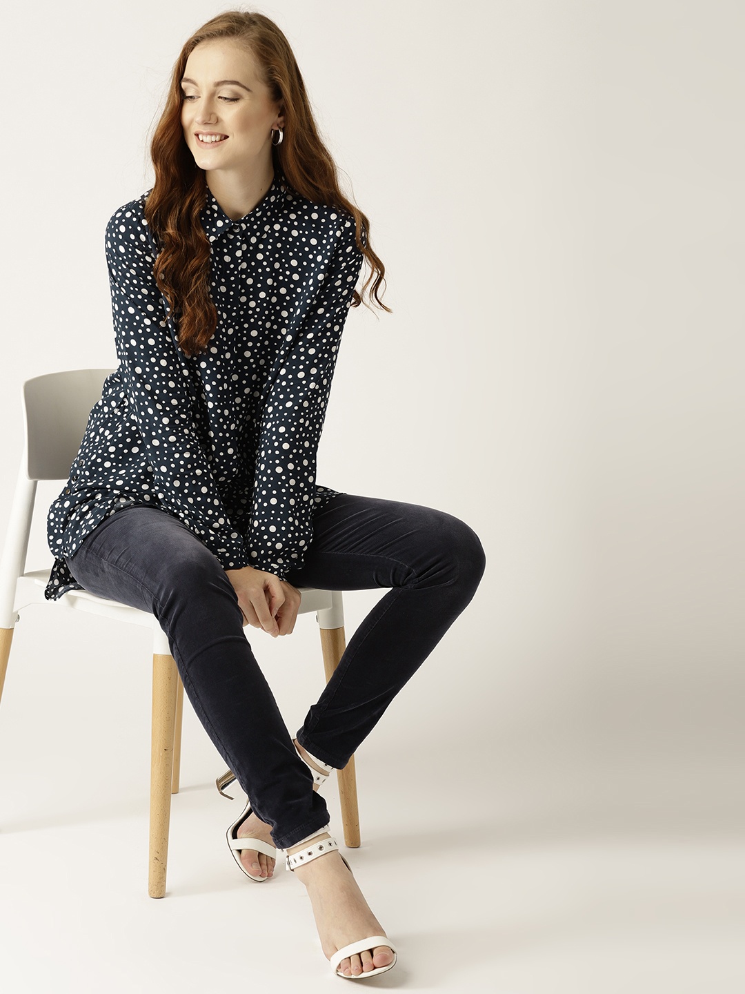 

ESPRIT Women Navy Blue & White Regular Fit Printed Longline Casual Shirt