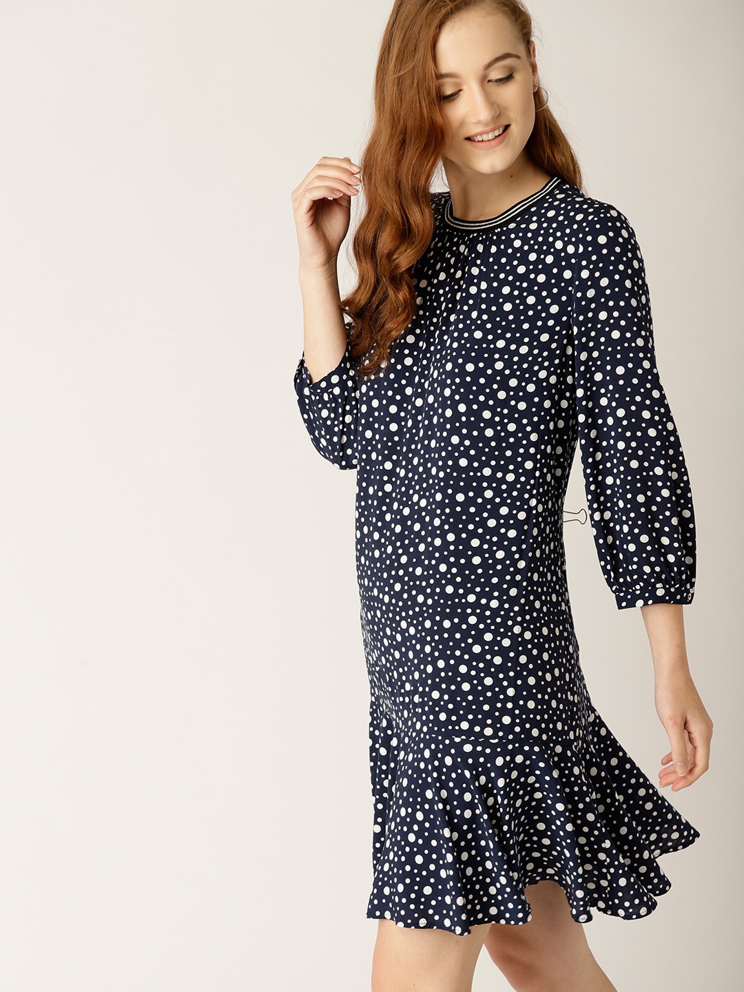 

ESPRIT Women Navy Blue & White Printed Drop-Waist Dress