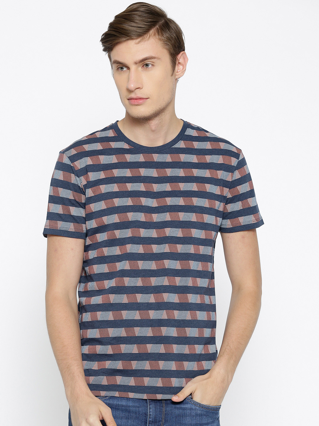 

ESPRIT Men Navy & Off-White Striped Round Neck T-shirt, Navy blue