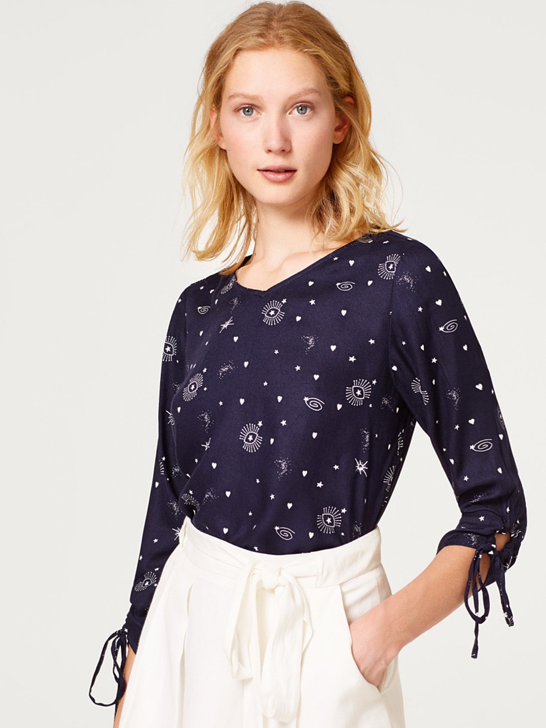 

ESPRIT Women Navy Blue & White Printed Top