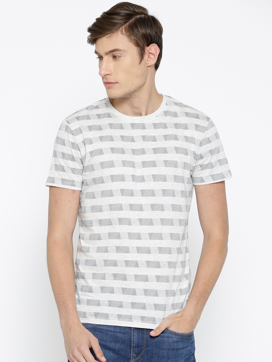 

ESPRIT Men Grey Melange & Navy Blue Printed Round Neck T-shirt