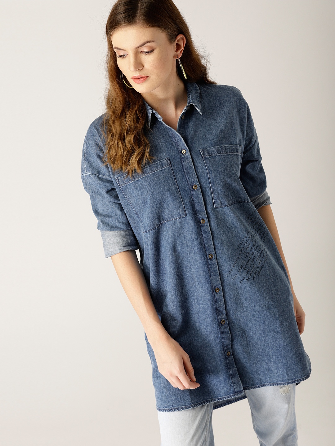

ESPRIT Women Blue Regular Fit Solid Longline Denim Shirt