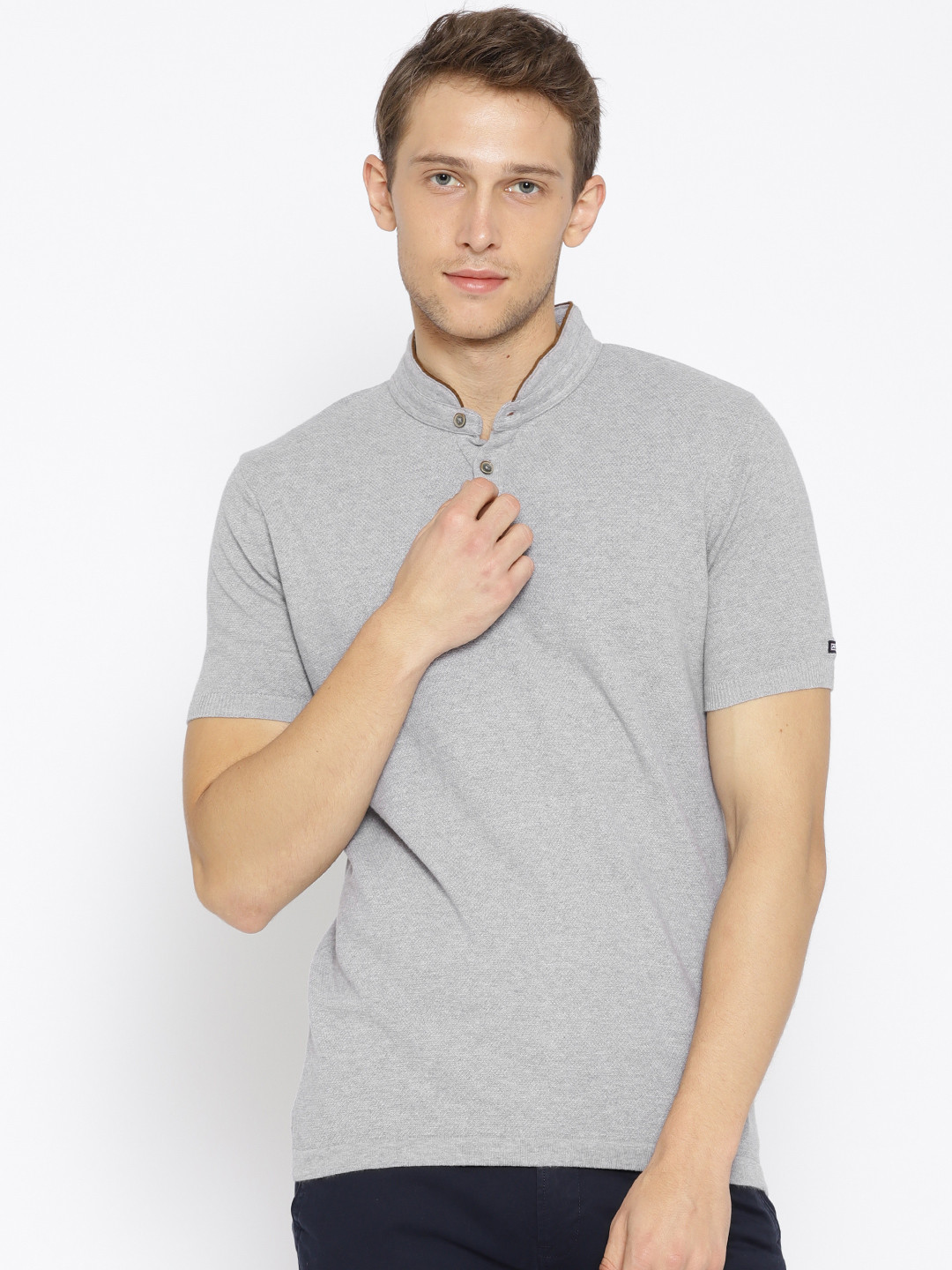 

Arrow Sport Men Grey Solid Mandarin Collar T-shirt