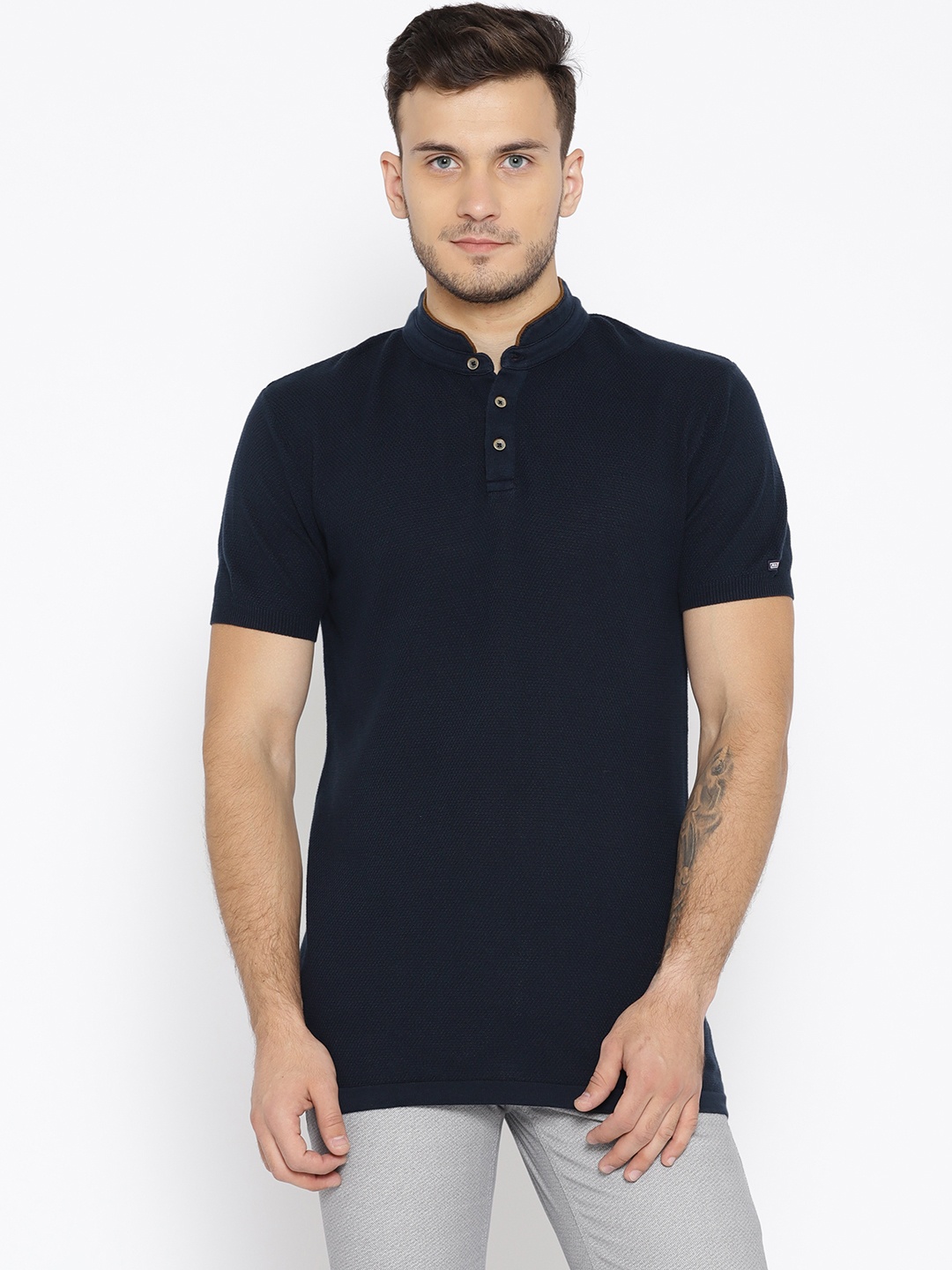 

Arrow Sport Men Navy Blue Self-Design Mandarin Collar T-shirt