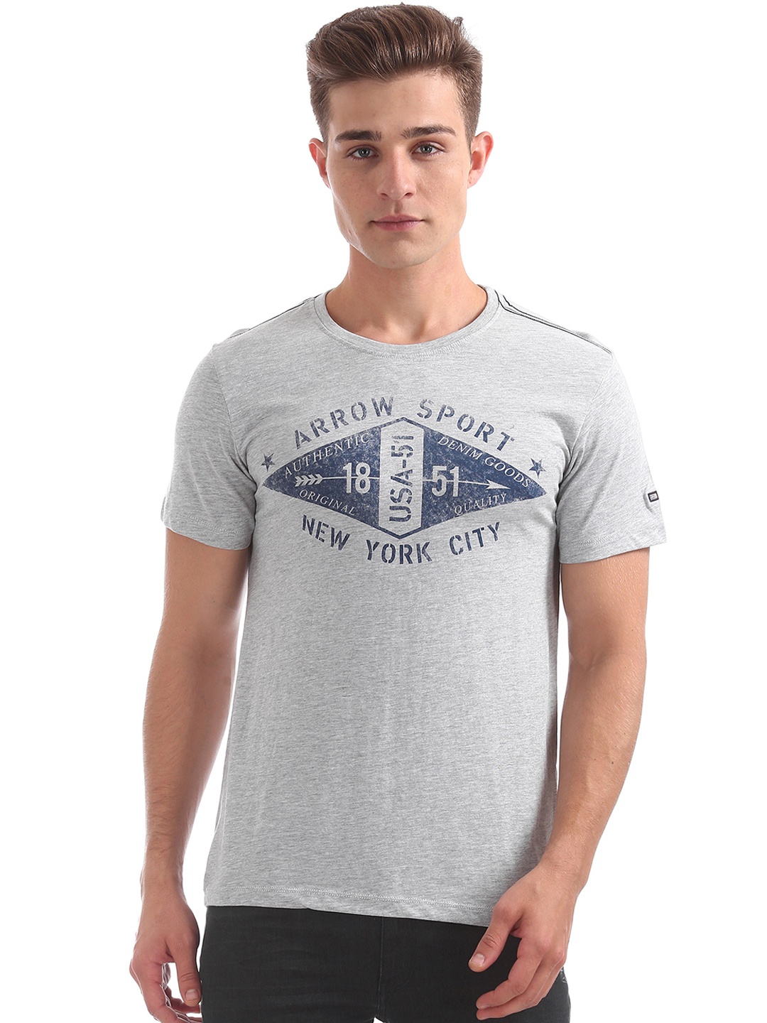 

Arrow Sport Men Grey Melange Printed Round Neck Pure Cotton T-shirt