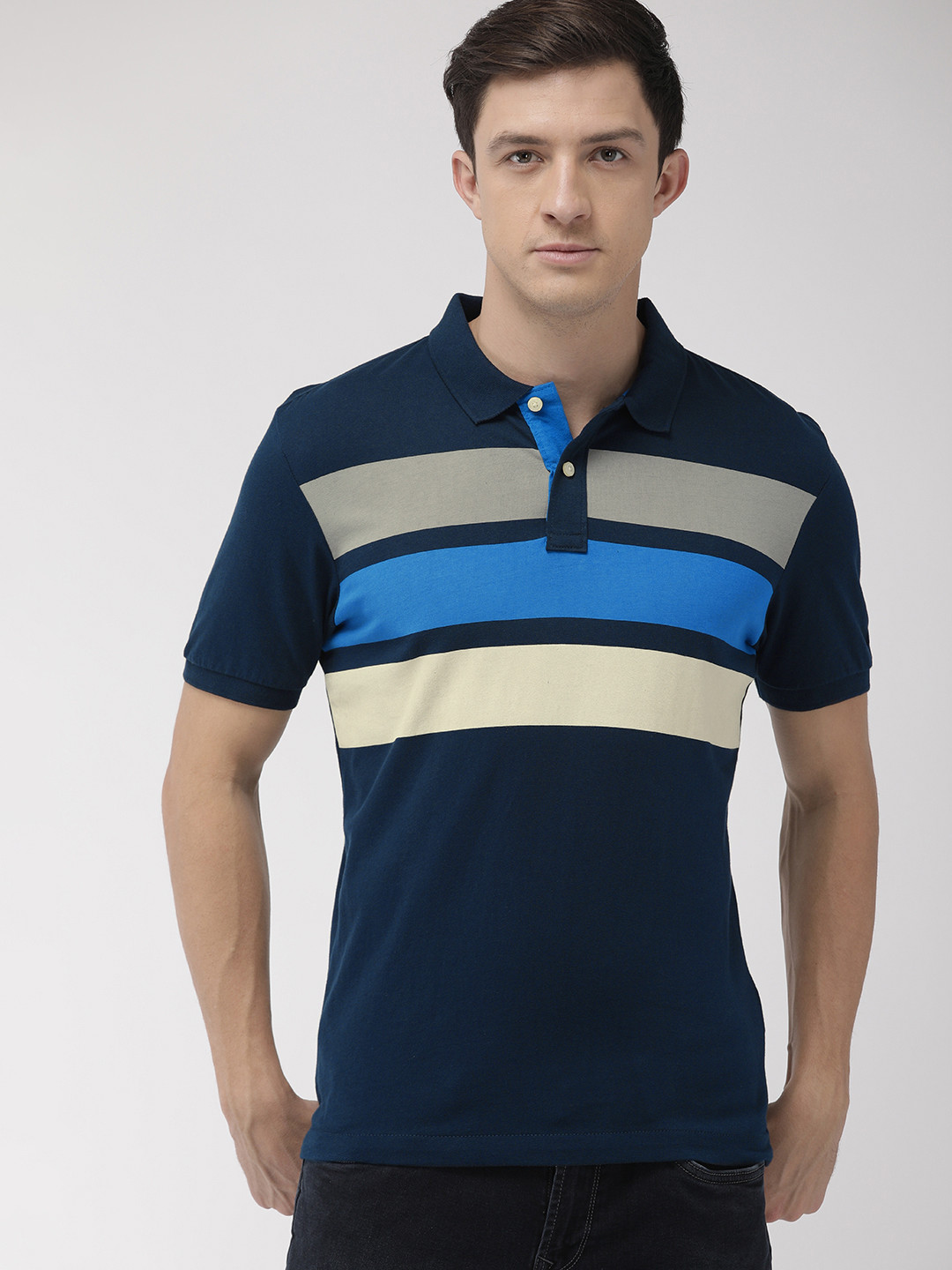 

Arrow Sport Men Navy Blue Beige Striped Polo Collar Pure CottonPure Cotton T-shirt