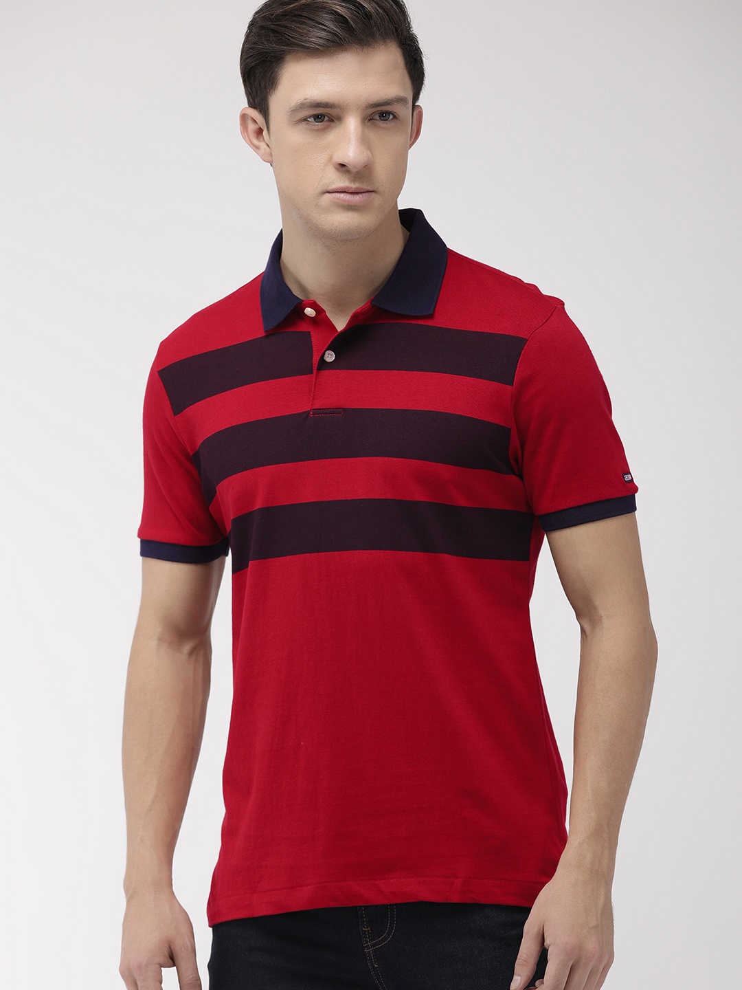 

Arrow Sport Men Red Burgundy Striped Polo Collar Pure Cotton T-shirt