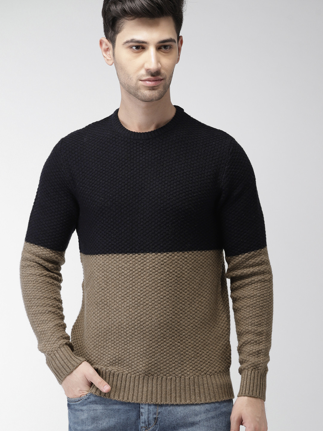 

Celio Men Navy Blue & Beige Colourblocked Pullover