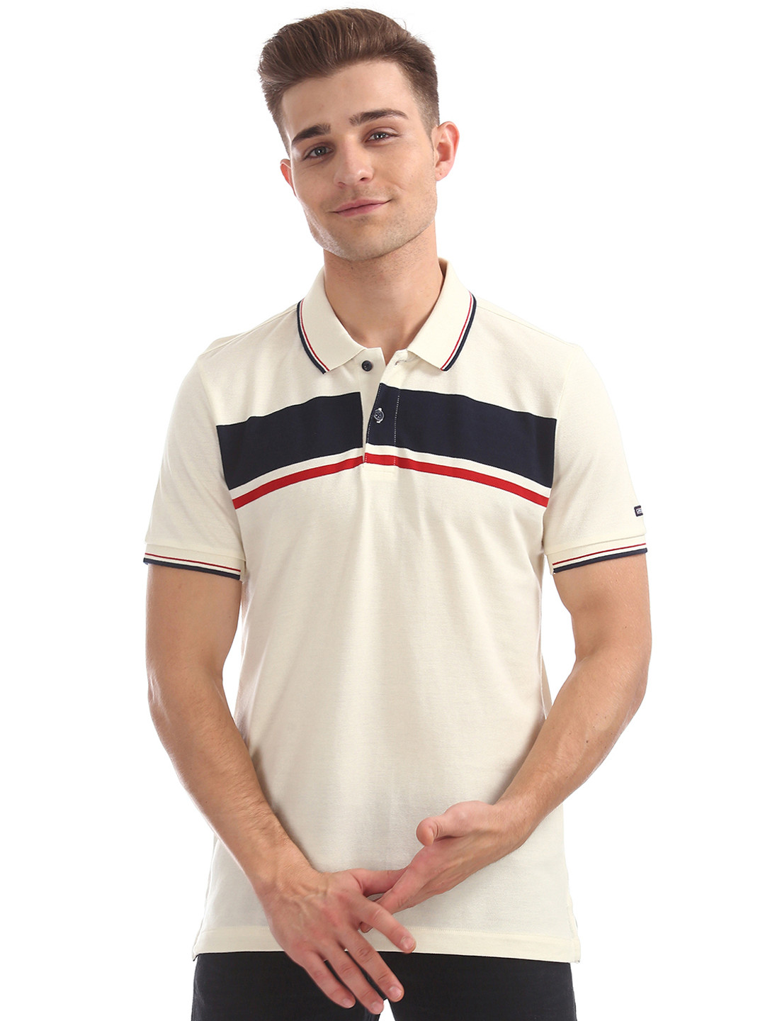 

Arrow Sport Men White Striped Polo Collar Pure Cotton T-shirt