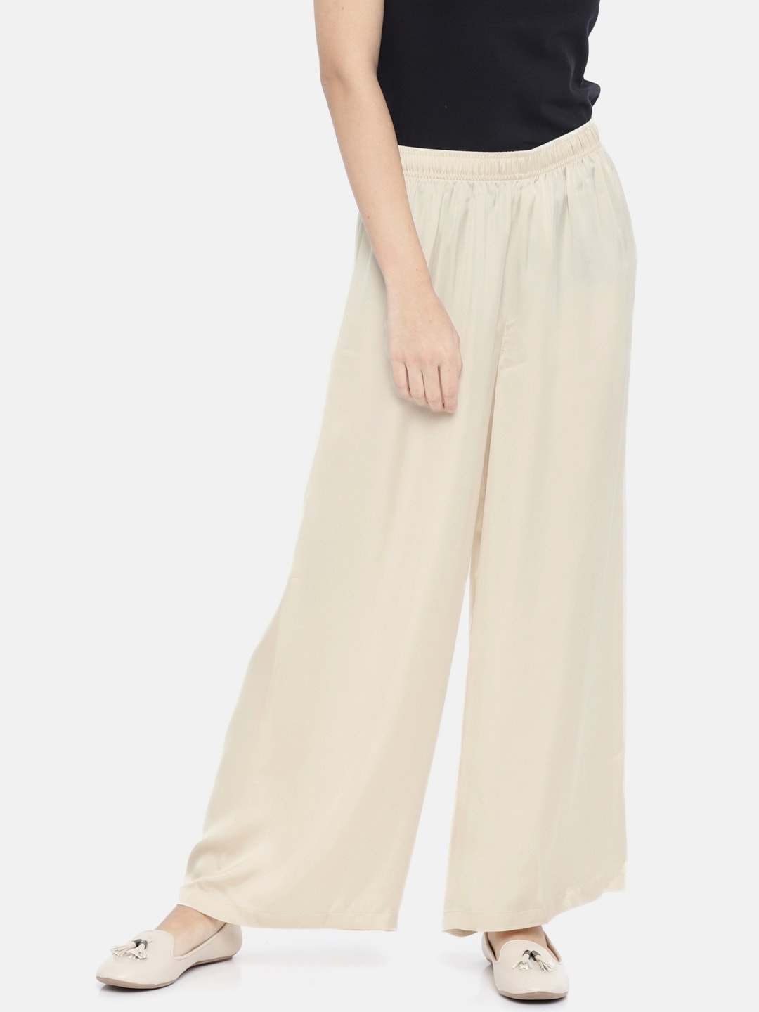

Go Colors Women Cream-Coloured Solid Wide Leg Shiny Palazzos