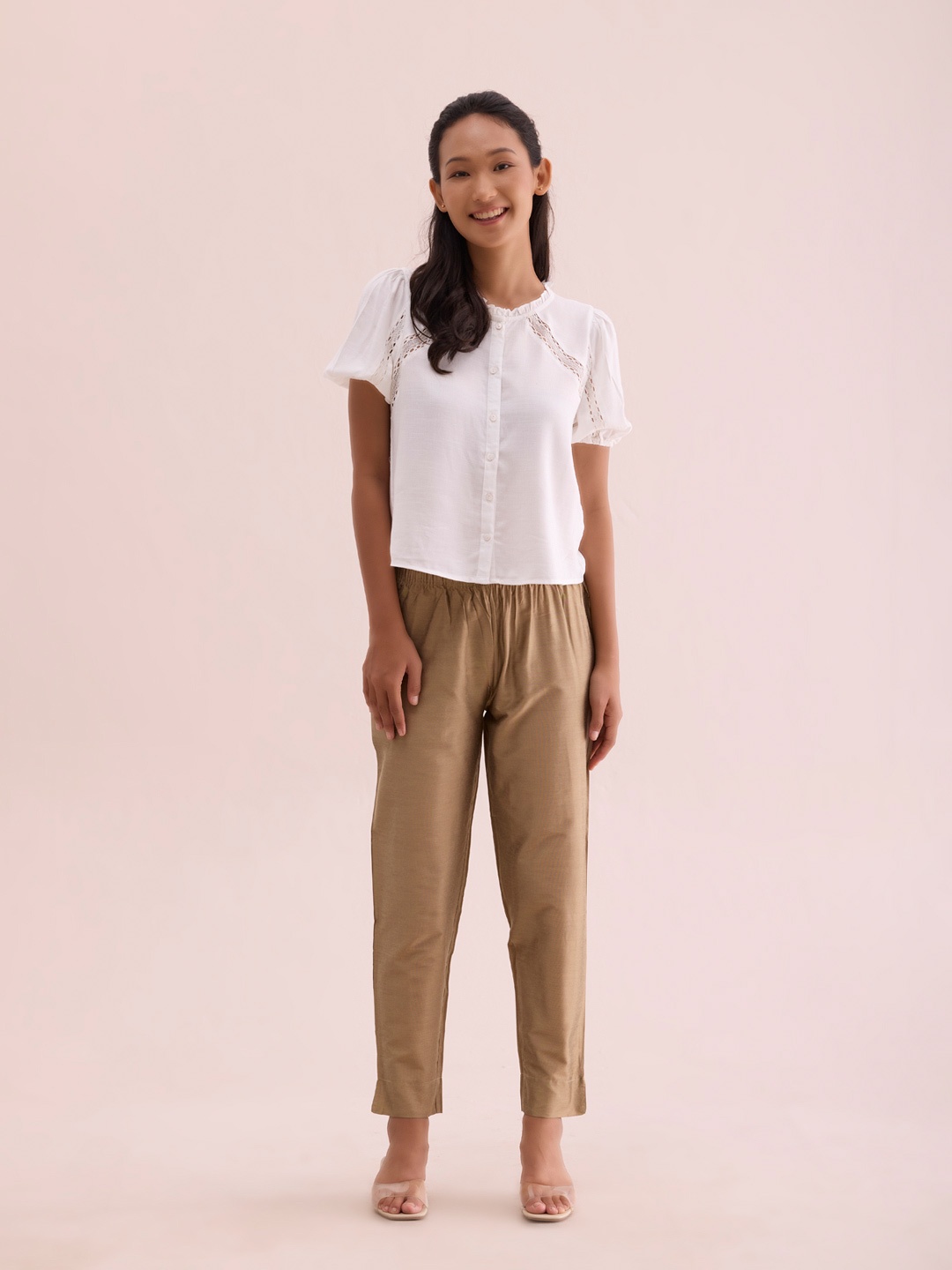 Go Colors Women Golden Tapered-Fit Solid Trousers, Gold