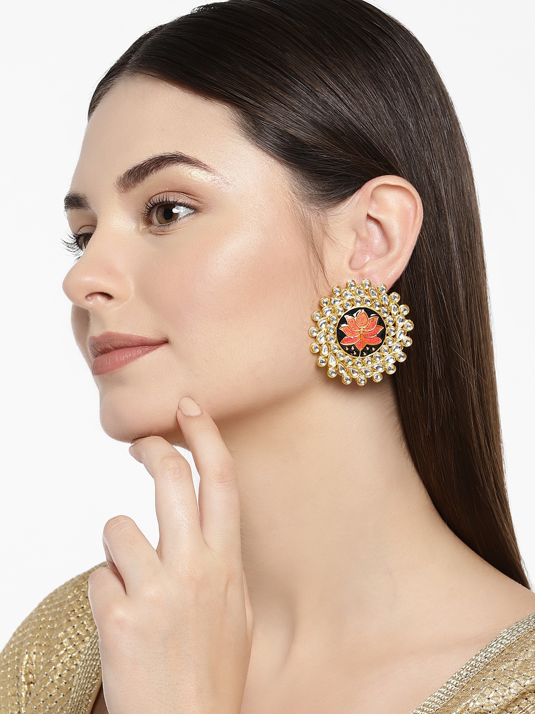 

Zaveri Pearls Women Gold-Plated Lotus Kundan Stud Earrings