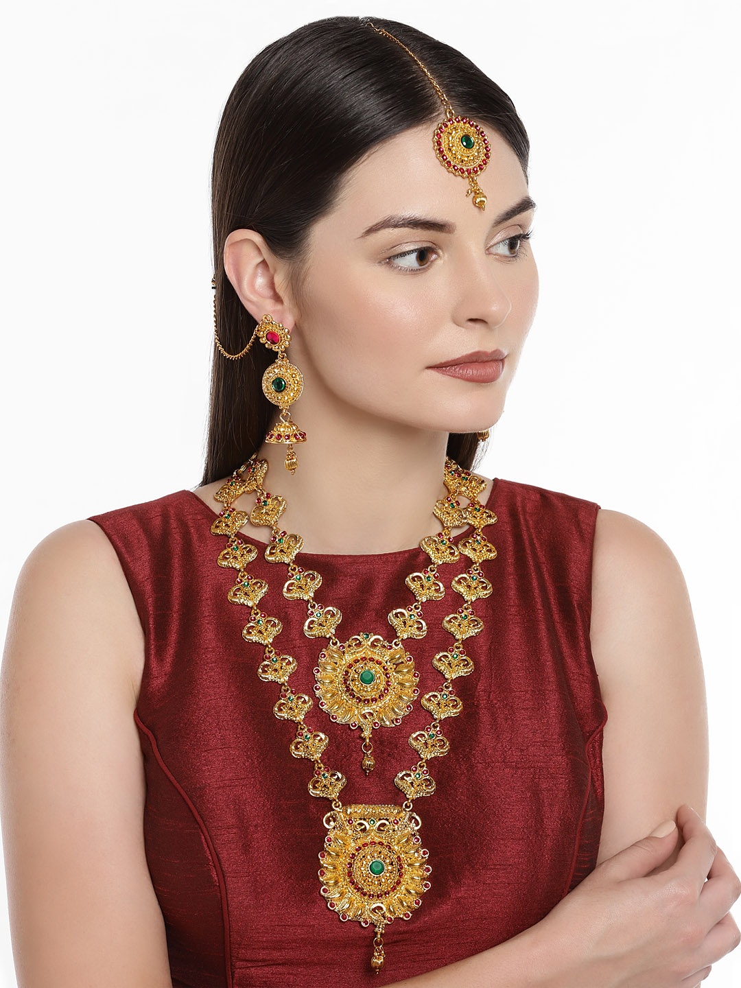 

Zaveri Pearls Gold-Plated & Red Traditional Bridal Jewellery Set
