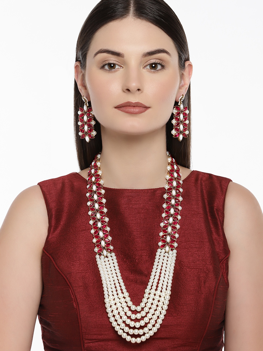 

Zaveri Pearls White & Red Multi Layered Jewellery Set