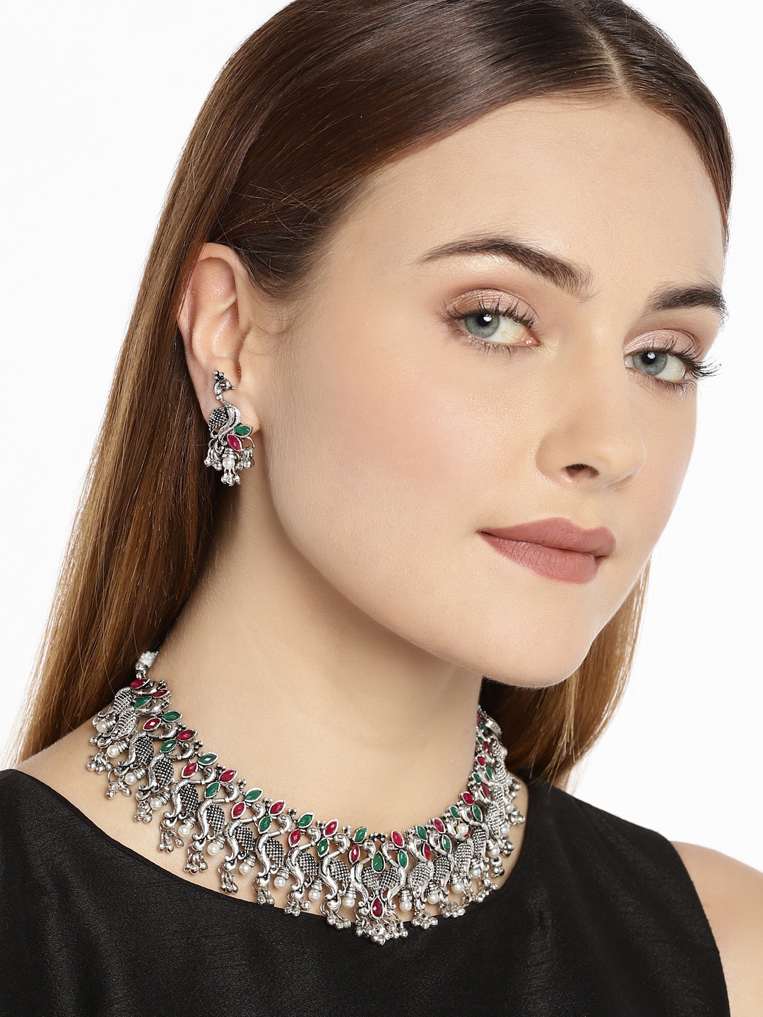 

Zaveri Pearls Silver-Toned Traditional Peacock Inspired Jewellery Set