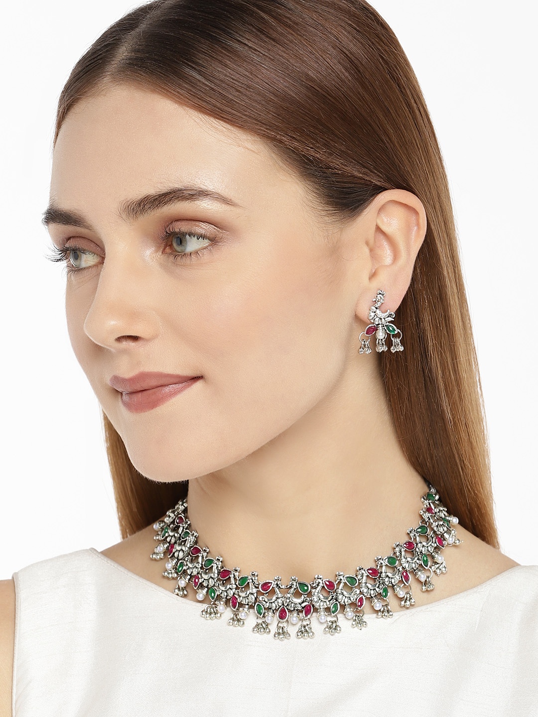 

Zaveri Pearls Pink & Green Antique Silver-Plated Peacock Inspired Jewellery Set