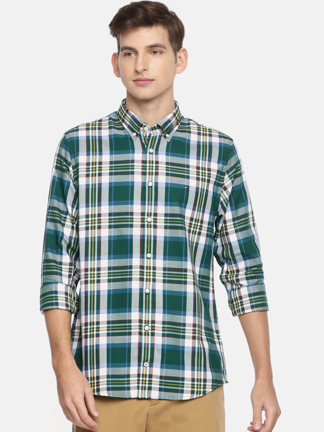 

Tommy Hilfiger Men Green & White Regular Fit Checked Casual Shirt