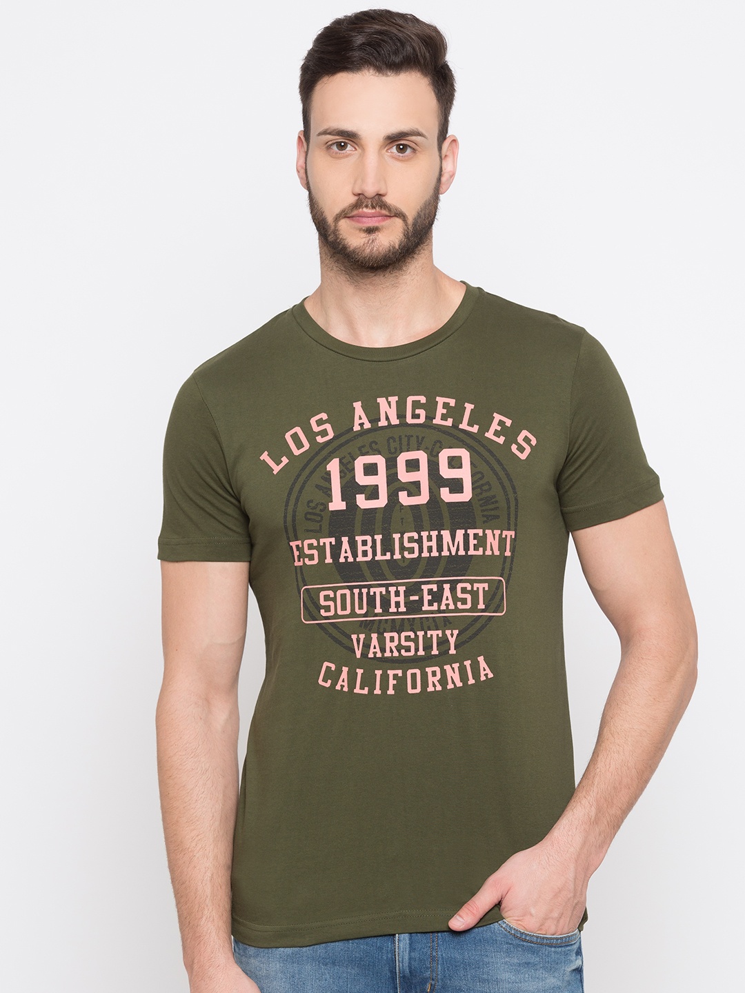 

Globus Men Olive Green Printed Round Neck T-shirt