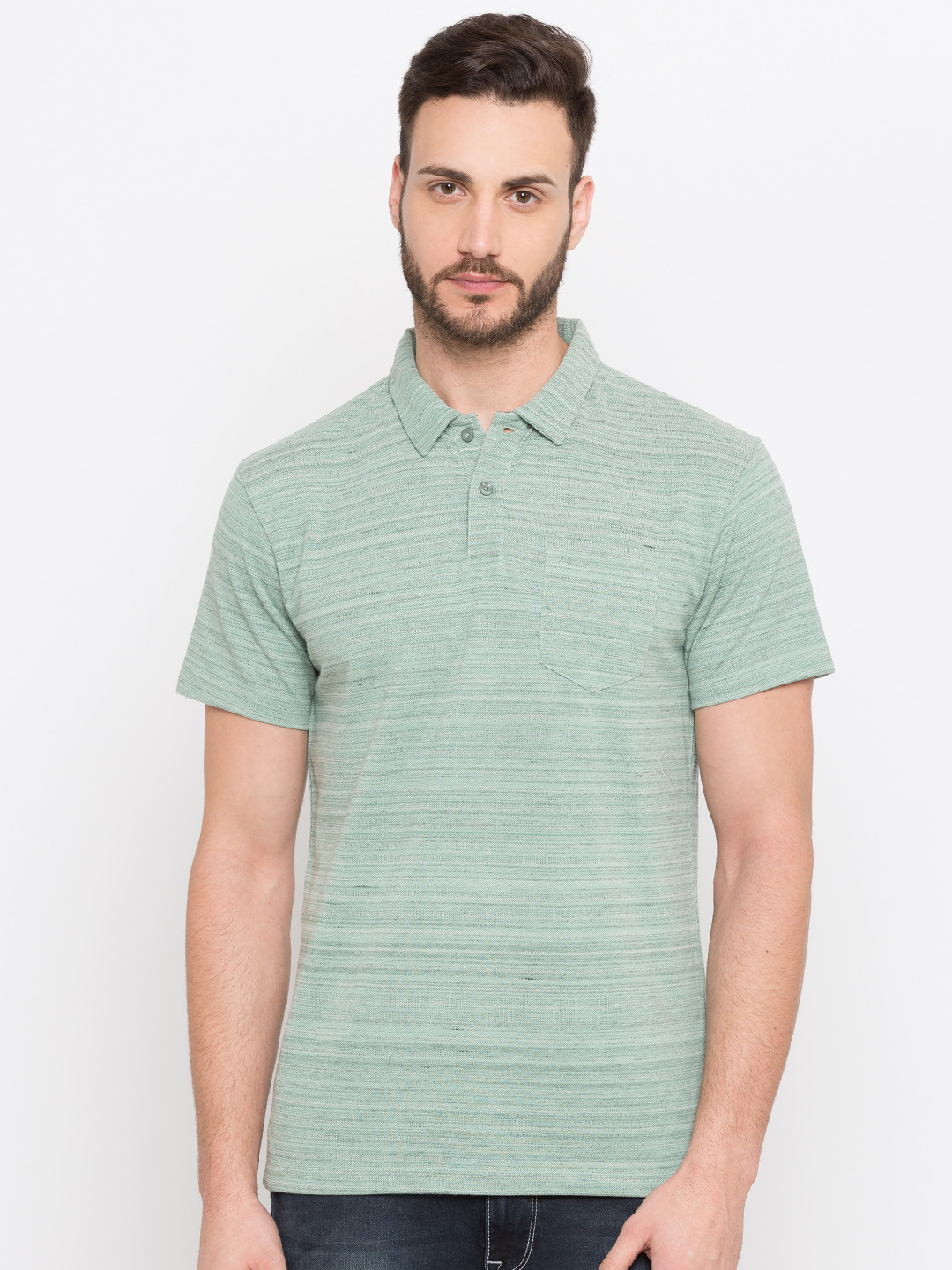 

Globus Men Green Self Design Polo Collar T-shirt