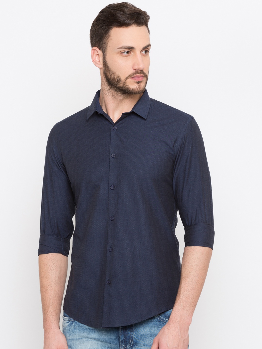 

Globus Men Navy Blue Slim Fit Self Design Casual Shirt