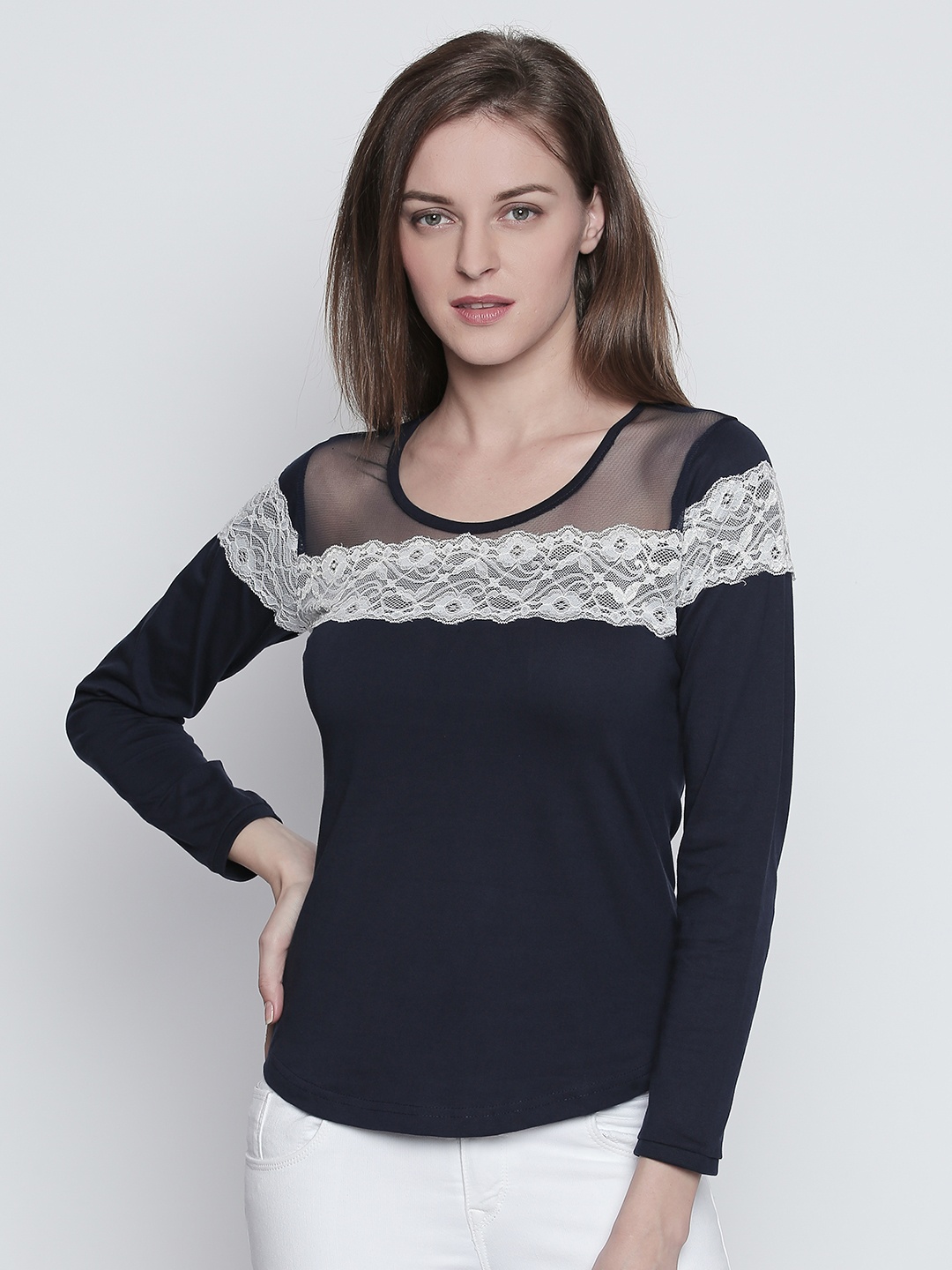 

The Dry State Women Navy Blue Self Design Pure Cotton Top