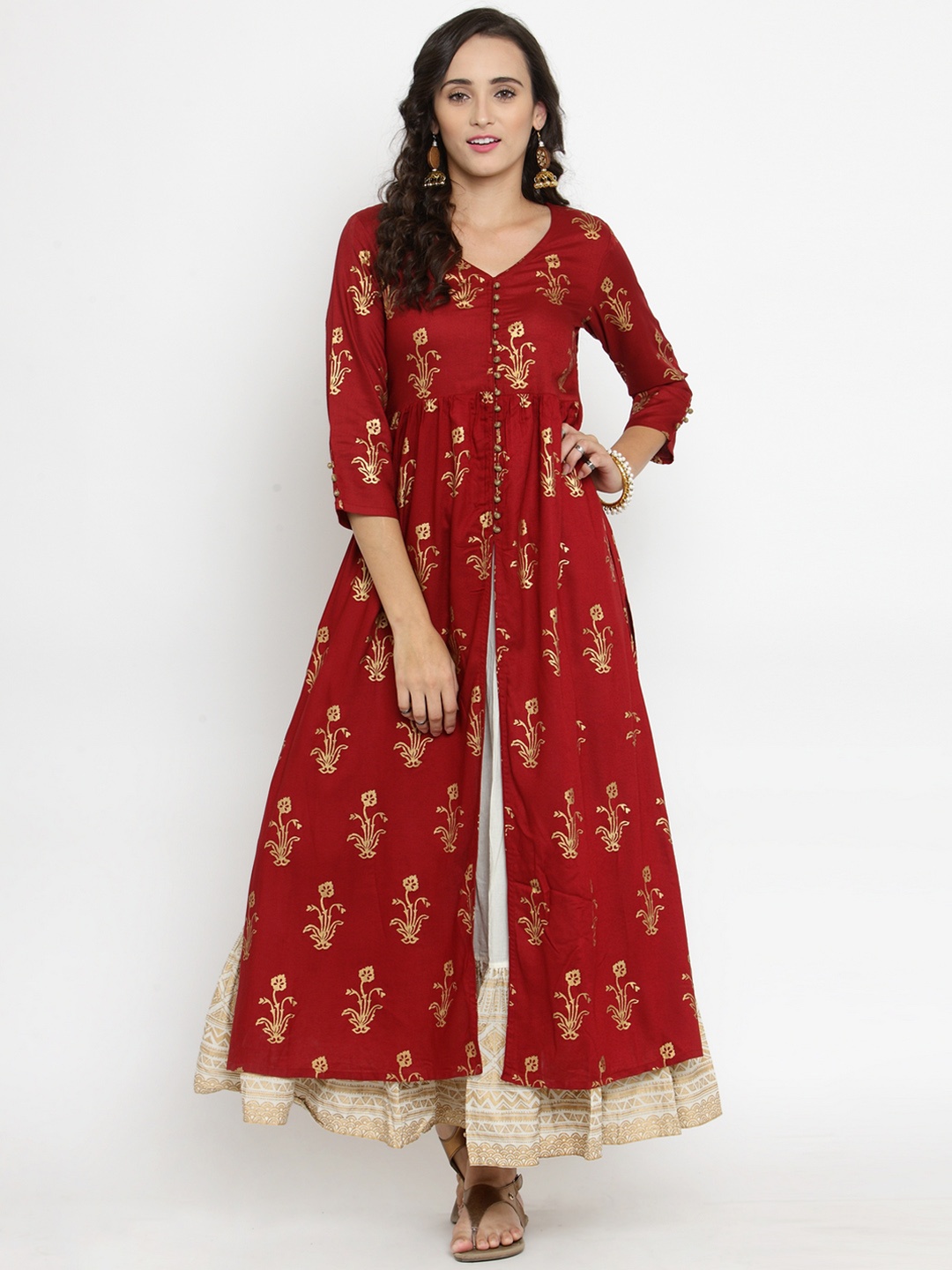 

Varanga Women Maroon & Gold-Toned Printed Kurta with Skirt