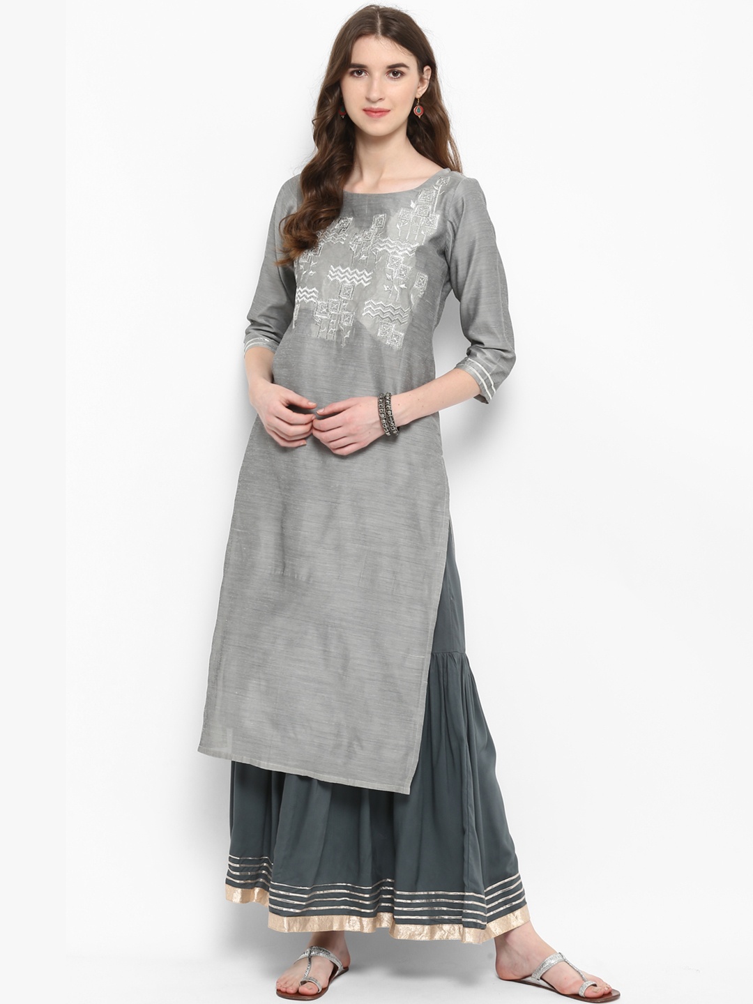 

Varanga Grey Embroidered Straight Chanderi Kurta With Grey Gota Sharara