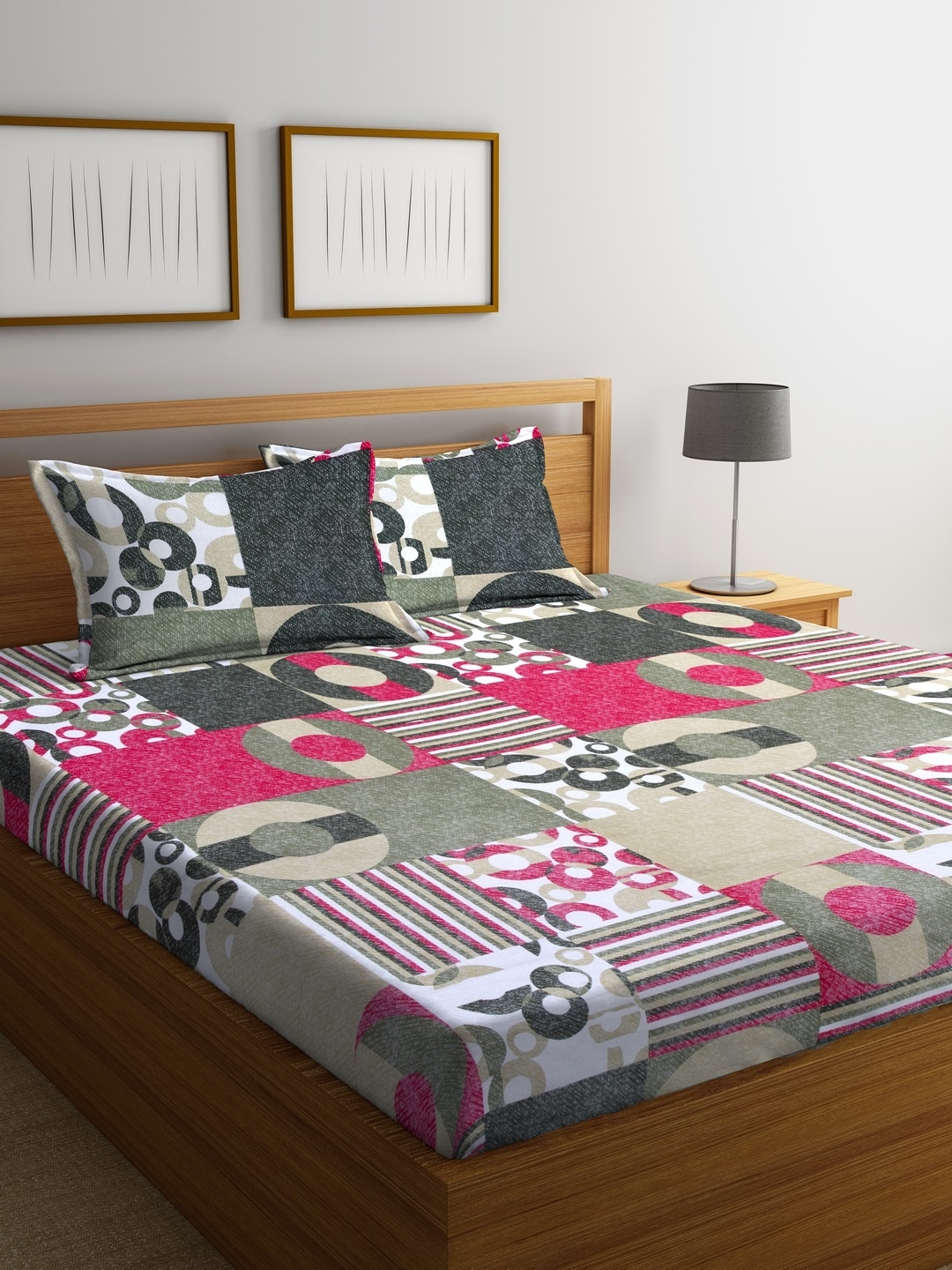 

BIANCA Olive Green & Pink Flat 110 TC Cotton 1 Double Bedsheet with 2 Pillow Covers