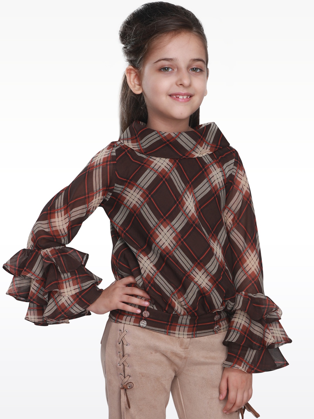 

CUTECUMBER Girls Brown & Red Checked Blouson Top