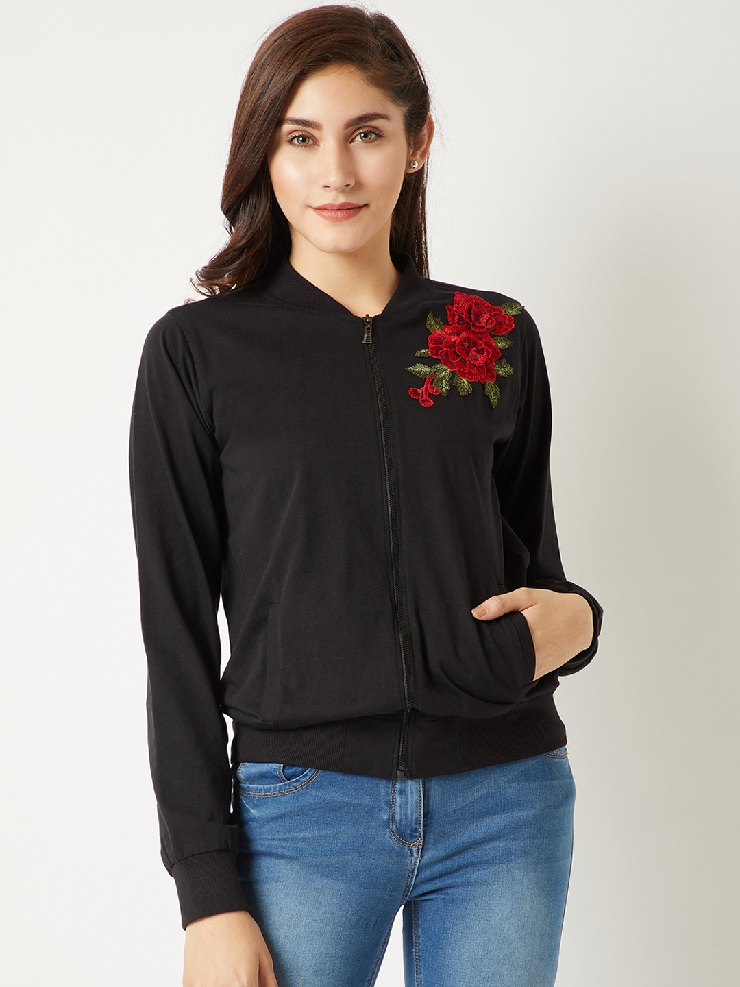 

Miss Chase Women Black Solid Lightweight Bomber