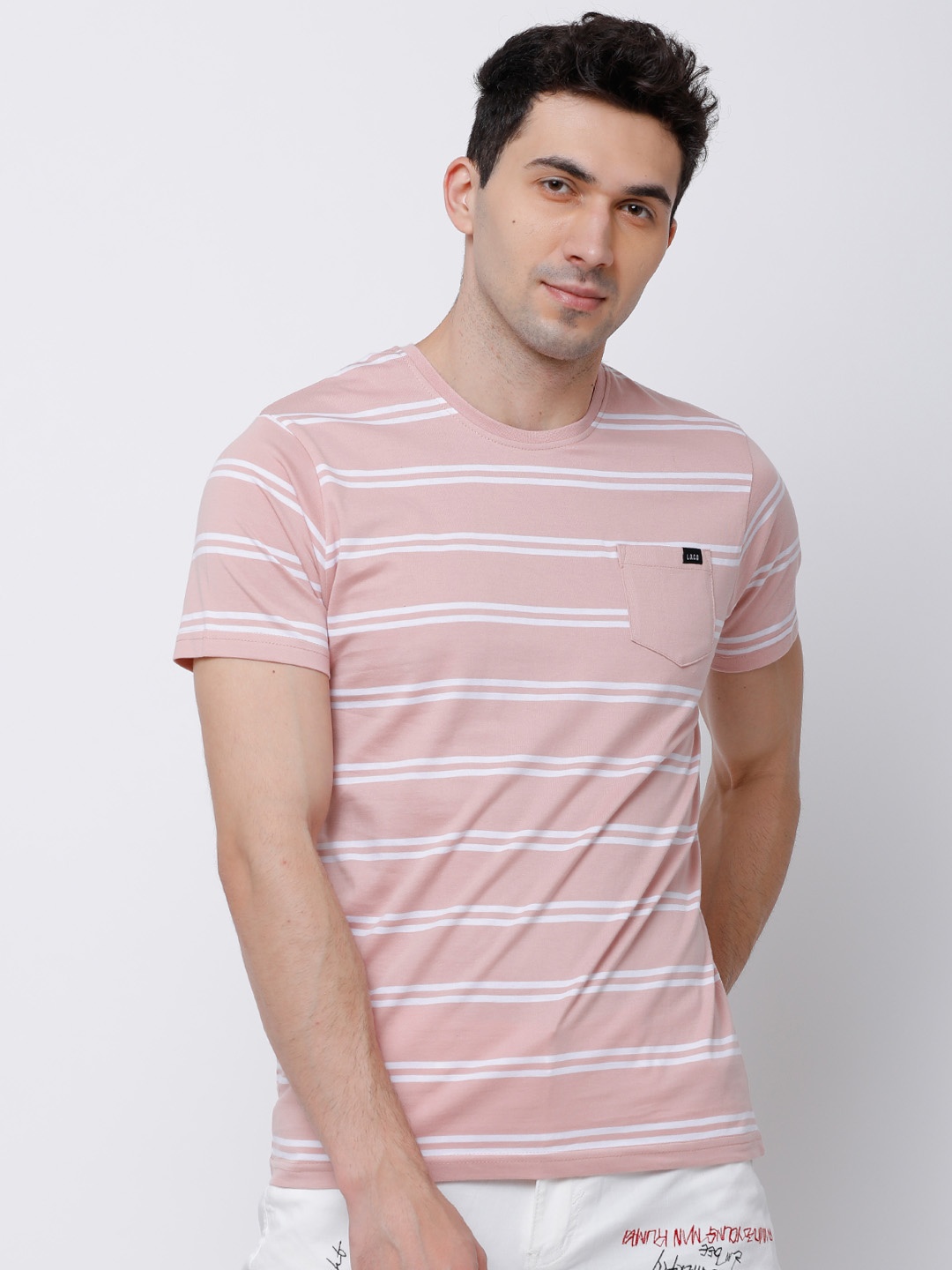 

LOCOMOTIVE Men Pink Striped Round Neck T-shirt