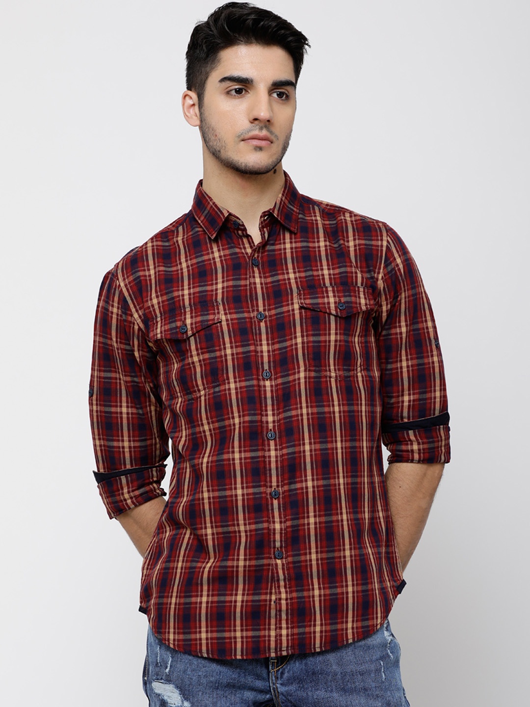 

LOCOMOTIVE Men Maroon & Navy Blue Slim Fit Checked Casual Shirt