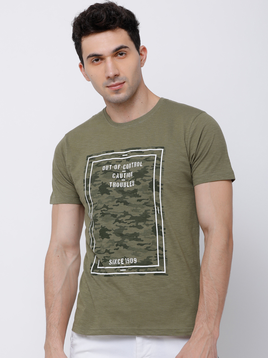 

LOCOMOTIVE Men Olive Green Printed Round Neck T-shirt