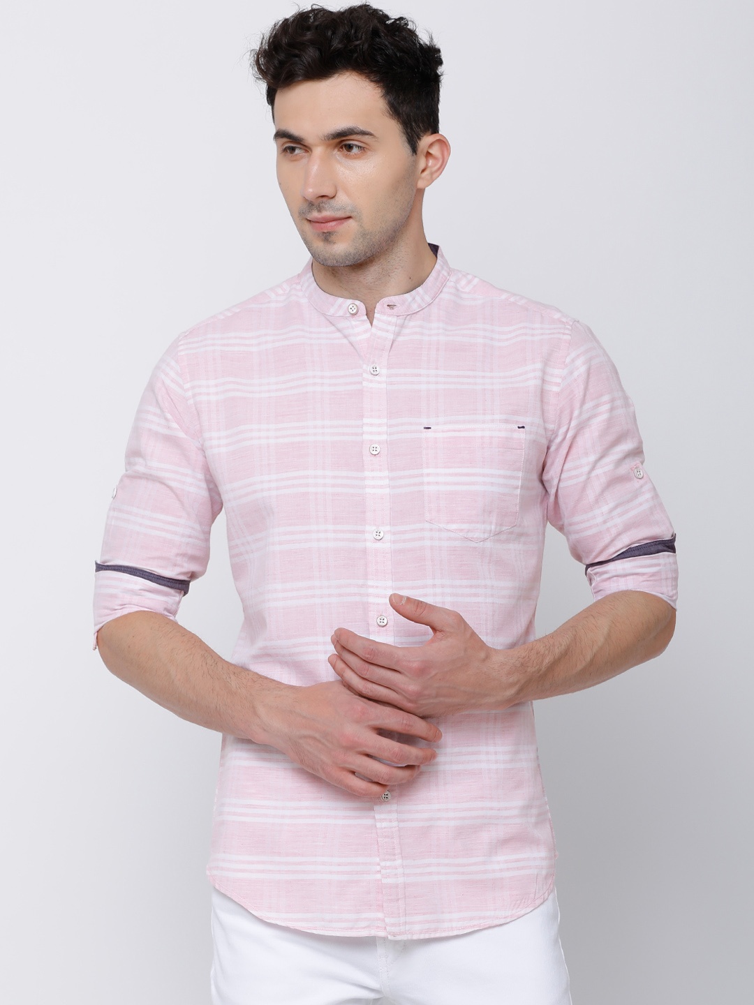 

LOCOMOTIVE Men Pink & White Slim Fit Checked Casual Shirt