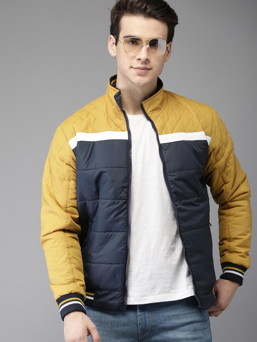 

HERE&NOW Men Mustard Yellow & Navy Colourblocked Bomber