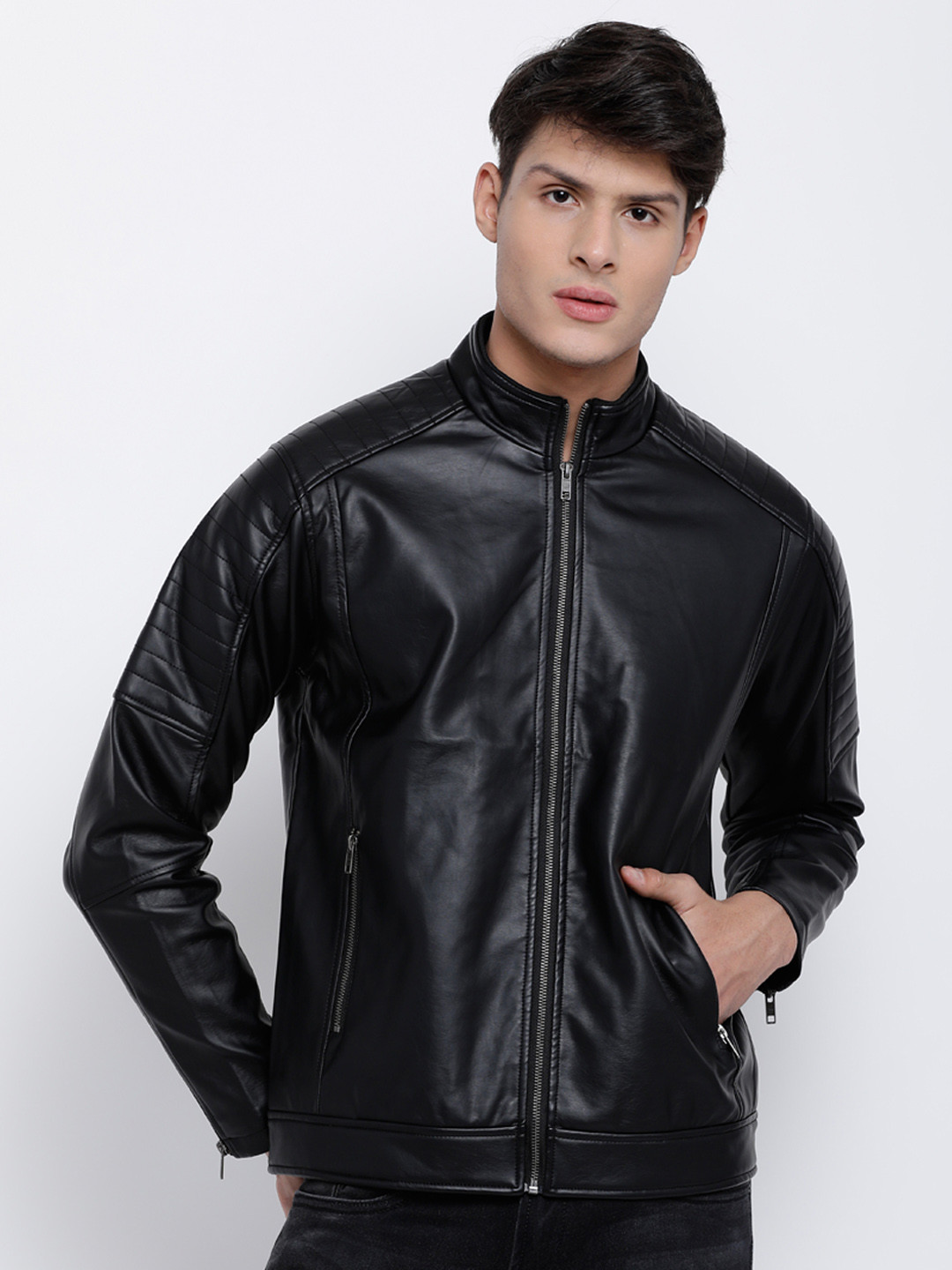 

LOCOMOTIVE Men Black Solid Biker Jacket