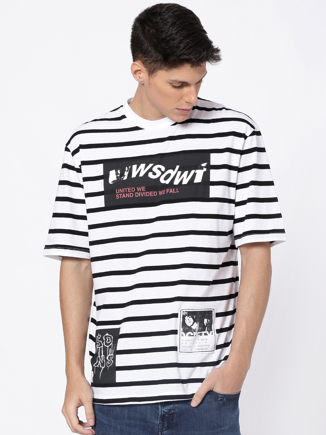 

ONLY & SONS Men White & Black Striped Round Neck T-shirt