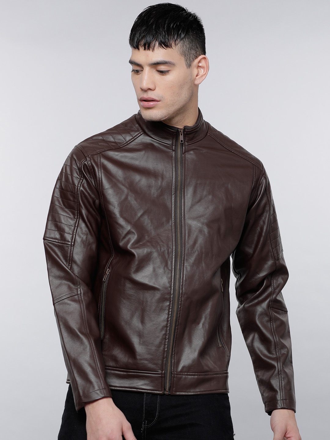 

LOCOMOTIVE Men Coffee Brown Solid Biker Jacket