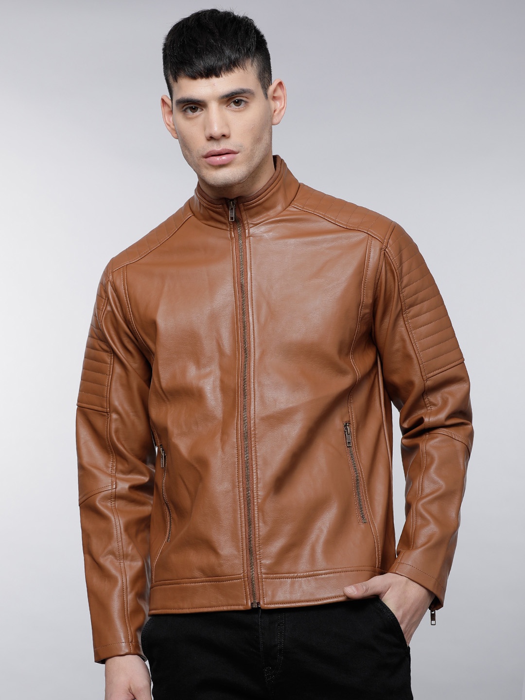 

LOCOMOTIVE Men Tan Brown Solid Biker Jacket