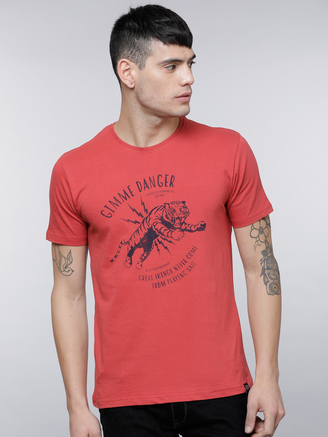 

LOCOMOTIVE Men Red Printed Round Neck T-shirt