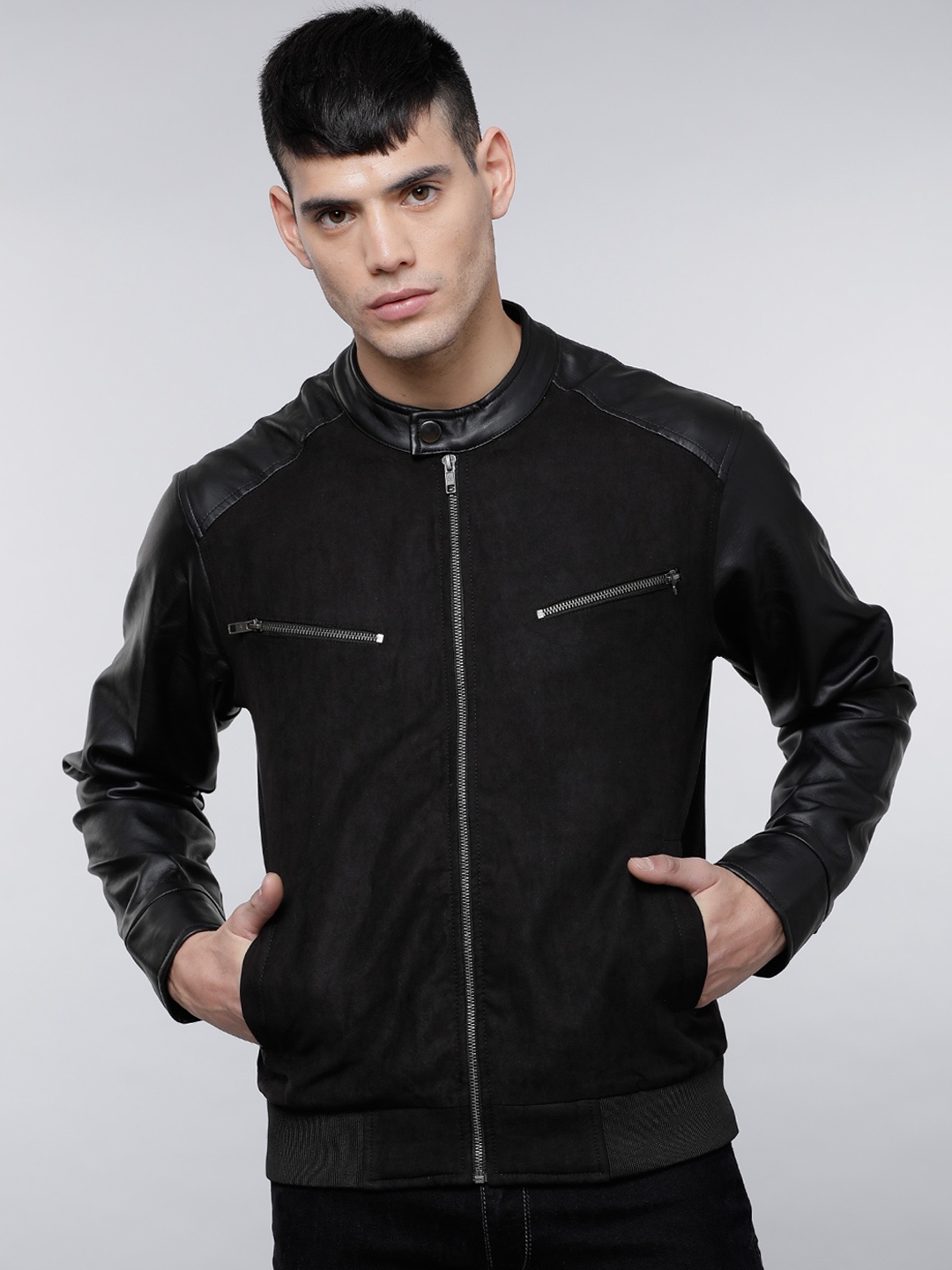

LOCOMOTIVE Men Black Solid Front Zip Jacket
