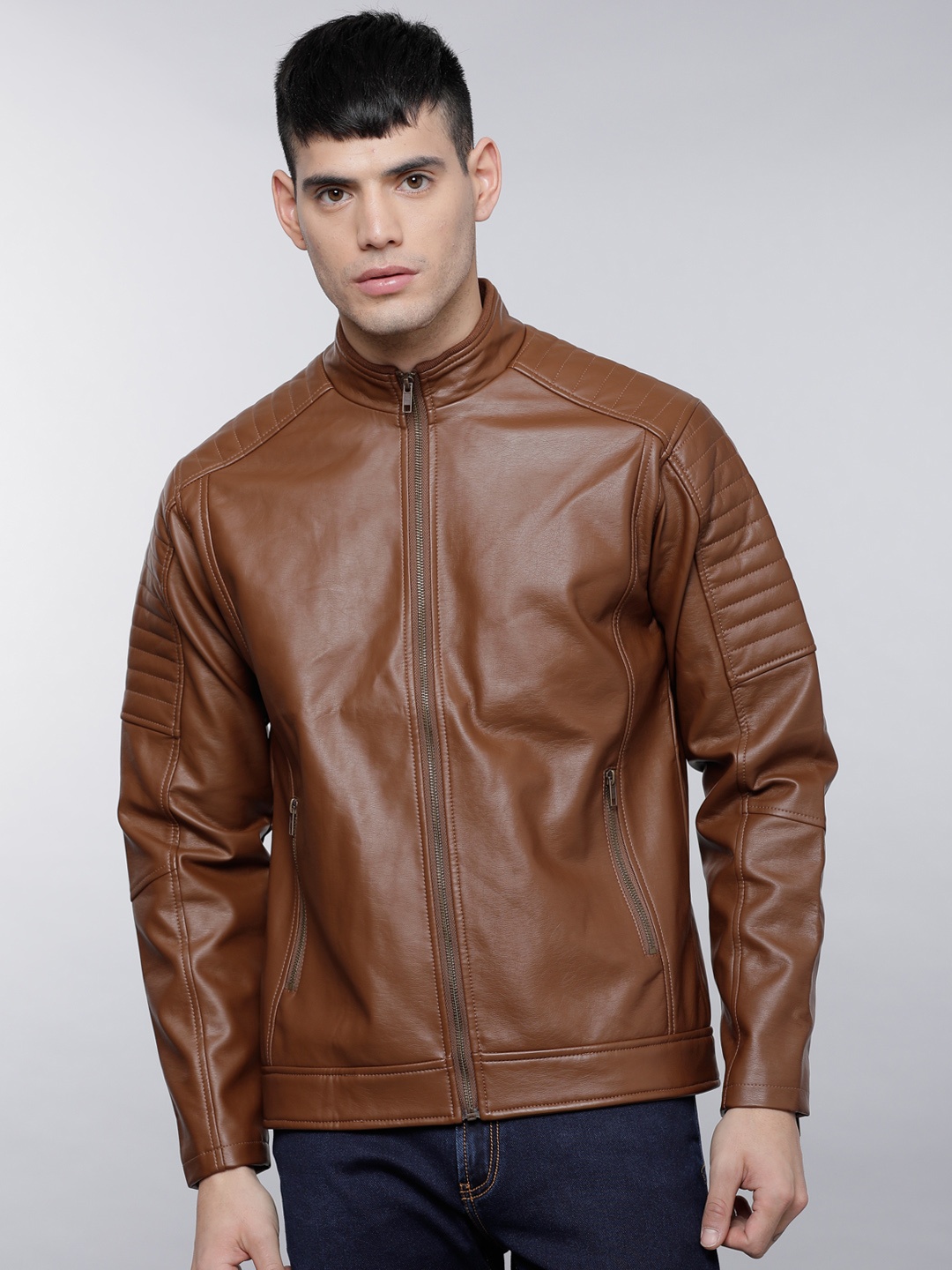 

LOCOMOTIVE Men Brown Solid Biker Jacket
