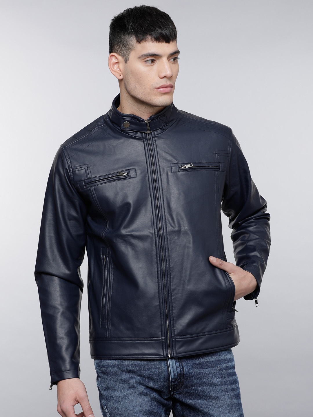 

LOCOMOTIVE Men Navy Blue Front Zip Leather Jacket